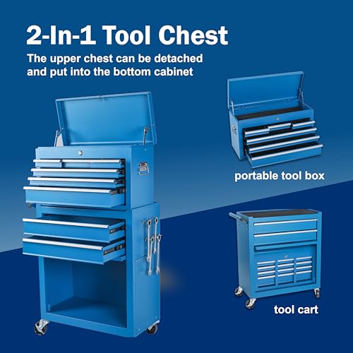 Tool Chest, 8-Drawer Rolling Tool Storage Cabinet with 2 in 1 Detachable Top Tool Box, Liner, Lockable Wheels, Side Hooks, Metal Tool Cart for Garage (8-Drawer Blue) - color: 8-drawer Blue
