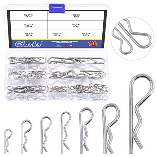 Glarks 110Pcs 304 Stainless Steel Hairpin R Clips Kit 7 Size R Cotter Pins Assortment for Automotive, Mechanics, Car Garage, Power Equipment, Cars, Trucks, Lawn Mower, Small Engine Repair