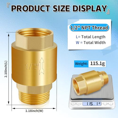 Boltigen 1/2" Brass Check Valve, NPT Spring One-Way Backflow Preventer - size: 1/2" Female * 1/2'' Male