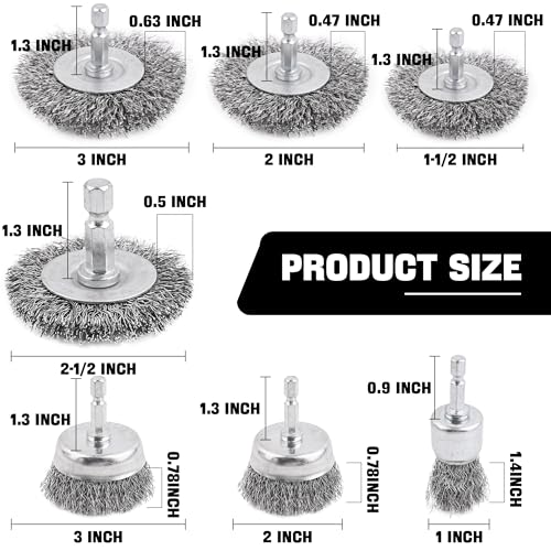 Wire Brush Set 7 Pcs - Abrasive Wheel, Cup Brush, Coarse Crimped Carbon Steel Attachments for Drill with 1/4 Inch Hex Shank (7)