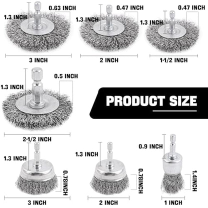 Wire Brush Set 7 Pcs - Abrasive Wheel, Cup Brush, Coarse Crimped Carbon Steel Attachments for Drill with 1/4 Inch Hex Shank (7)