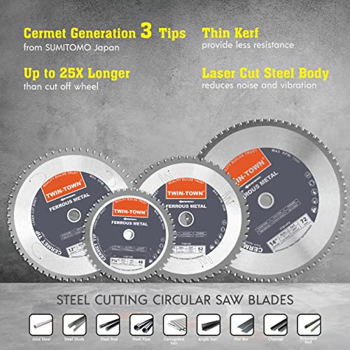 TWIN-TOWN 10-Inch 52 Teeth Dry Cut Steel and Ferrous Metal Cermet Saw Blade with 1-Inch Arbor - size: 10" 52T medium steel
