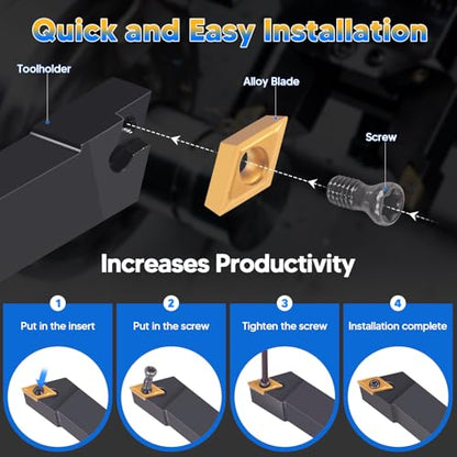 Indexable Lathe Turning Tools 14pcs Kit，1/2'' 12mm Shank - style: 4pcs 1/2" 12mm Shanks +10pcs Inserts