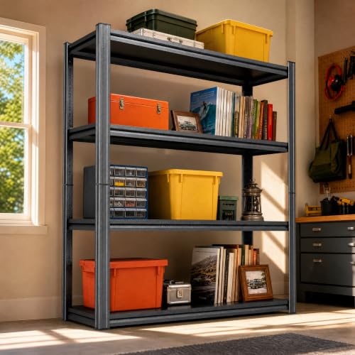 4 Tier Black Metal Bookshelf, Industrial Standing Book Shelf Shelving Unit, Vertical Steel Bookcase Storage Rack for Books Plants Kitchen Decor, Free Standing Shelves Organizer for Office Bedroom - size: 4Tier-45.3"Wx17.7"Dx63"H