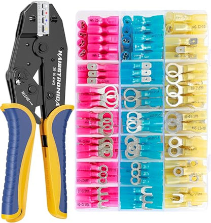 haisstronica 280PCS Ratchet Crimper Kit, Heat Shrink Terminals, AWG 22-10