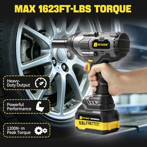 JEXUGK 2200Nm Cordless Impact Wrench, 1/2" Electric Impact Gun with 2 x 6.0Ah Batteries, 21V Brushless High Torque Impact Wrench with 5 Pneumatic Sockets, Impact Driver for Truck Tire Lug Nut Removal