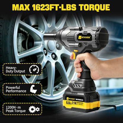 JEXUGK 2200Nm Cordless Impact Wrench, 1/2" Electric Impact Gun with 2 x 6.0Ah Batteries, 21V Brushless High Torque Impact Wrench with 5 Pneumatic Sockets, Impact Driver for Truck Tire Lug Nut Removal