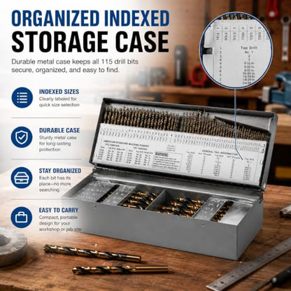 Stark USA 115-Piece High-Speed Steel Drill Bit Set, HSS Jobber Length Twist Bits 1/16"–1/2", Fractional Drill Bits for Metal, Stainless Steel, Cast Iron, Wood & Plastic, Indexed Case - size: 115 PCS Set HSS
