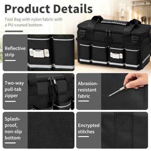 14-Inch Heavy Duty Tool Bag, 17 Pocket Tool Box Organizer - color: Black