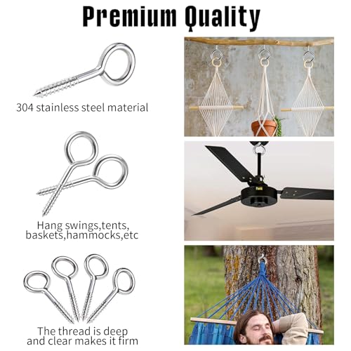 YGAOHF 5 Inch Large Eye Hooks Heavy Duty - 12 Pcs Eye Bolts Screw in Hooks Stainless Steel 500LBS Breaking Strength, Strong Eye Screws for Wood, Hanging Heavy-Duty Applications, Silver