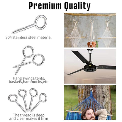 YGAOHF 5 Inch Large Eye Hooks Heavy Duty - 12 Pcs Eye Bolts Screw in Hooks Stainless Steel 500LBS Breaking Strength, Strong Eye Screws for Wood, Hanging Heavy-Duty Applications, Silver