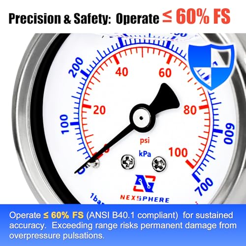 0-100 PSI Air Pressure Gauge, 2" Dial Liquid Filled Back Mount Gauge, 1/4" NPT Brass Connection, 304 Stainless Steel Case, IP67 Waterproof, for Air Compressor, Regulator, Gas & Water - size: 0-100 PSI, style: Back Mount