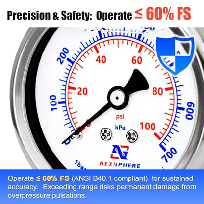 0-100 PSI Air Pressure Gauge, 2" Dial Liquid Filled Back Mount Gauge, 1/4" NPT Brass Connection, 304 Stainless Steel Case, IP67 Waterproof, for Air Compressor, Regulator, Gas & Water - size: 0-100 PSI, style: Back Mount