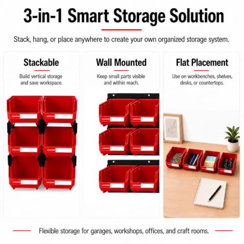6 Pack Stackable Plastic Parts Bins, 5x4x3 in, Red - color: Red-6 Pack, size: 5"x4"x3"