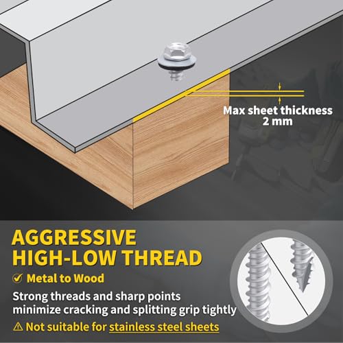Metal Roofing Screws #10 x 1-1/2", 300 PCS, FIXLINK RUSPERT Hex Head Rubber Washer Sheet Metal Roof Screws Self Tapping Metal to Wood Siding Screws, Hex Socket Included, Silver - color: Silver, size: #10 x 1-1/2"