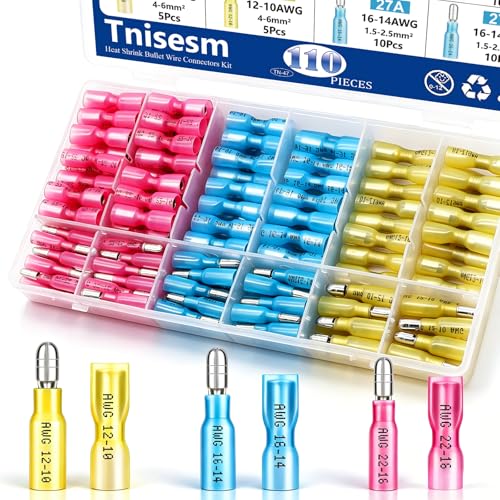 Tnisesm 110Pcs Heat Shrink Bullet Wire Connectors Kit 22-10AWG, Waterproof Bullet connectors Heat Shrink Female&Male Connector for Automotive Boat Stereo Industrial Equipment - color: 110PCS, size: Heat shrink style
