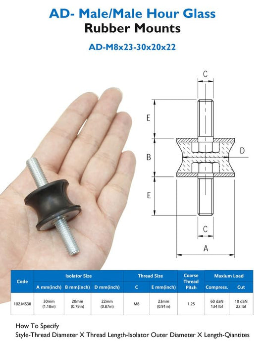 EASYEAH M8 Rubber Waisted Anti Vibration Rubber Bobbins Mounts Isolator Mounts 2 Threaded Studs Shock Absorber Silent-Blocks for Motors Compressors Pumps, 4pcs M8x23-30x20x22mm, 8pcs M8 LockNuts - size: AD-M8x23-30x20x22