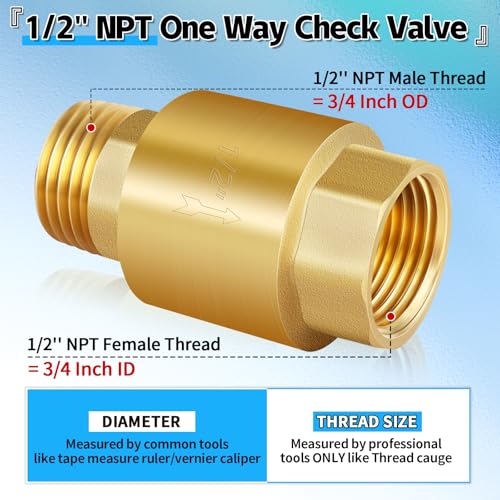 Boltigen 1/2" Brass Check Valve, NPT Spring One-Way Backflow Preventer - size: 1/2" Female * 1/2'' Male