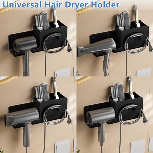 FEZHI Hair Dryer Holder,3-in-1 Hair Tool Organizer Heightened design with Plug&Cord Winding,Blow Dryer Holder Wall Mounted/Cabinet Door for Flat/Curling Irons Hair Straighteners (Black)