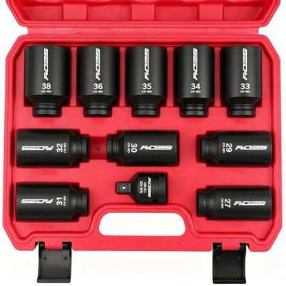 1/2 Drive Deep Impact Socket Set: 11-Piece Metric Size Wheel Axle Nut Wrench Metric Large Jumbo 27mm 29mm 30mm 31mm 32mm 33mm 34mm 35mm 36mm 38mm Spindle Joint High Torque Truck Bearing Locknut - style: 1/2" | 11-Piece Metric Jumbo