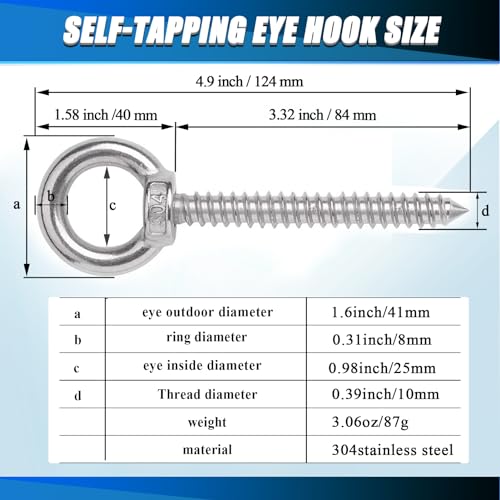 OHIYO 5 Inch Heavy Duty Eye Hooks M10 Self Tapping Eyelet Screw Load Capacity 700LBS Heavy Duty Screw in Eye Hooks for Hammock Stand, Swing Chair, Yoga, Heavy Indoor & Outdoor Uses (4Pack- M10) - color: Silver, size: 5 Inch