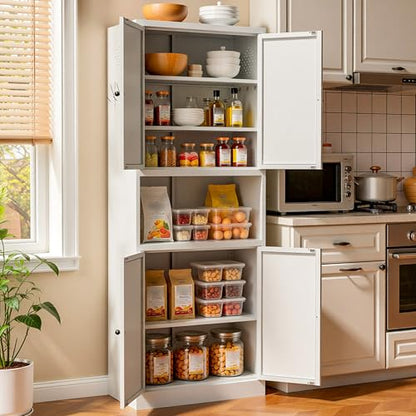 AQY Metal Pantry Cabinet, 72" White Kitchen Storage Cabinet with Doors - color: White, style: H72" - 4 Doors Wire Hole Hooks & Vents