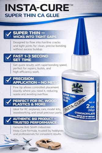 Bob Smith Industries Insta-Cure Super Thin CA Glue 2oz – 1–3 Second Set Time – Wicks Into Tight Gaps – Cyanoacrylate Adhesive for RC, Wood & Plastic Models. BSI-103 (Blue Label)