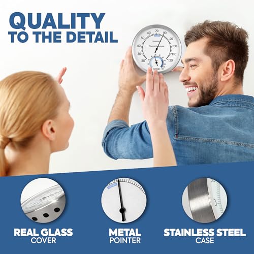 Analog Thermometer – Hygrometer – Thermometer for Indoor – Premium Stainless Steel Temperature Gauge Indicator – Battery Free Operated Temperature and Humidity Monitor – High Accuracy - Ø 12.5
