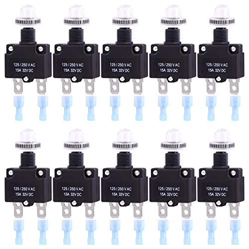 Swpeet 30Pcs 15Amp Thermal Circuit Breaker with Quick Connect Terminals and Waterproof Button Caps Assortment Kit,Waterproof Push Button Circuit Breaker 32V DC 125/250VAC 50/60Hz for Switch Operation - style: 15Amp