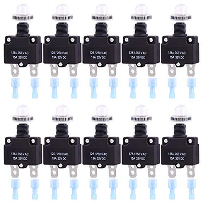 Swpeet 30Pcs 15Amp Thermal Circuit Breaker with Quick Connect Terminals and Waterproof Button Caps Assortment Kit,Waterproof Push Button Circuit Breaker 32V DC 125/250VAC 50/60Hz for Switch Operation - style: 15Amp