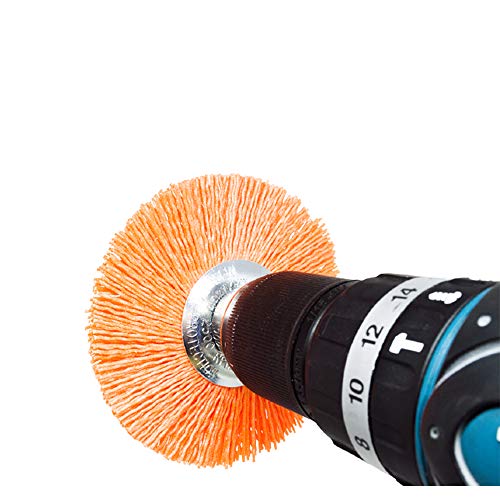Benchmark Abrasives 4” Mounted Nylon Wire Wheel, Medium Grit, 1/4" Drill Shank, Perfect for Rust or Paint Removal Sanding Finishing on Aluminum, Brass, Copper - (Orange, 4") - color: Orange, size: 4"