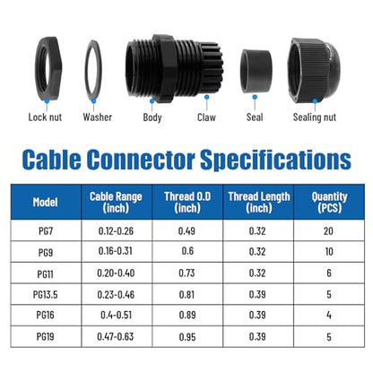 Cable Glands 50 pcs Cable Gland Waterproof joints, Adjustable Black 3-16mm Waterproof Cable Connectors PG7 PG9 PG11 PG13.5 PG16 PG19 Plastic 4 cable glands and Gaskets in PP Box - color: Black