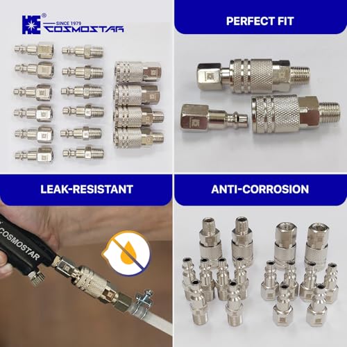 Cosmostar 16-Piece Air Hose Fittings Set | 1/4" NPT Quick Connect Air Coupler & Plug Kit | Industrial Swivel Air Tool Fittings & Compressor Accessories | Universal Auto Shop Air Compressor Adapter