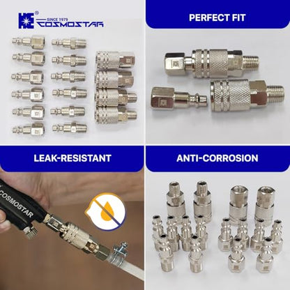 Cosmostar 16-Piece Air Hose Fittings Set | 1/4" NPT Quick Connect Air Coupler & Plug Kit | Industrial Swivel Air Tool Fittings & Compressor Accessories | Universal Auto Shop Air Compressor Adapter