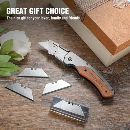 WORKPRO Folding Utility Knife, Wood Handle Razor Knife - style: Utility Knife
