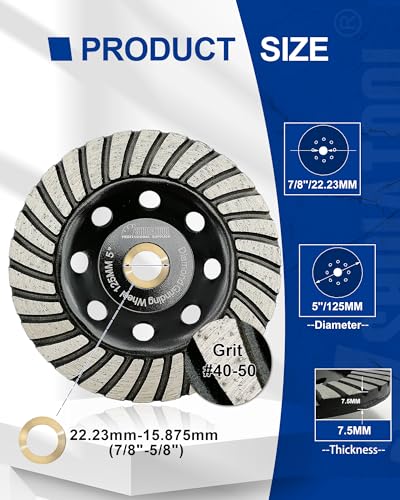 SHDIATOOL 5 Inch Turbo Row Diamond Grinding Cup Wheel for Concrete Granite Marble Masonry Brick Fits 7/8 Inch -5/8 Inch Arbor - size: 5 Inch, style: Turbo Rows