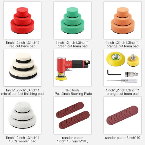 1/2/3 Inch Random Orbital Air Sander, Mini Pneumatic Detail Sander High Speed Air Powered Dual-Action Polisher, Hook & Loop Sanding Discs & Pads Kit for Auto Body Work, Metal, Wood