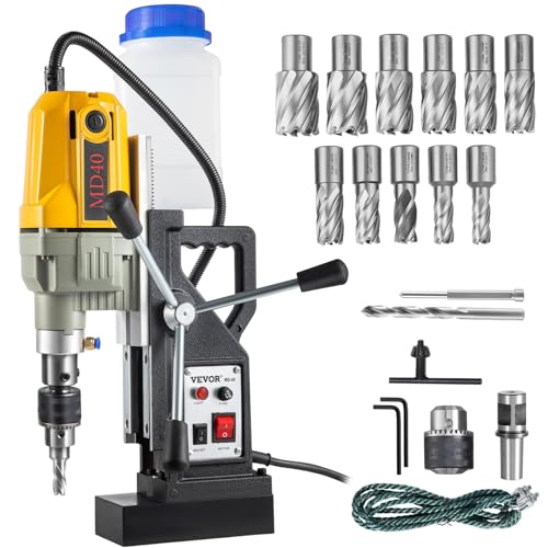 VEVOR Magnetic Drill, 1100W 1.57" Boring Diameter, 2697lbf/12000N Portable Electric Mag Drill Press with 12 Drilling Bits, 580 RPM Max Speed Drilling Machine for any Surface and Home Improvement - size: 1.57 in (12 Bits)