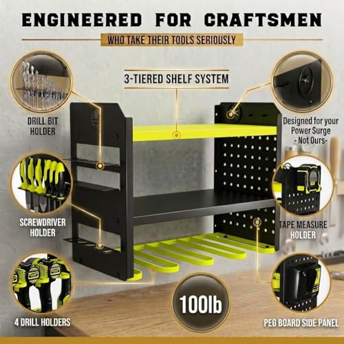 BUILTSTRONG Power Tool Organizer Wall Mount – 3-Tier Heavy-Duty Steel Rack, 4 Drill Slots, Pegboard + Utility Side, 100 lb Capacity – Garage, Workshop & Shed Storage (Green) - color: Green, size: 4 Drill Holder