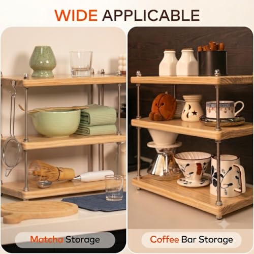 Solid Wood Coffee Bar Shelf/Rack for Countertop, 3 Tier, Natural - color: Natural, size: 24MM Thick