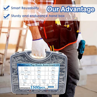 smseace 1500Pcs Aluminum Pop Rivets Kit with Washers in Handheld Box - color: Silver Aluminum, size: 1500pcs