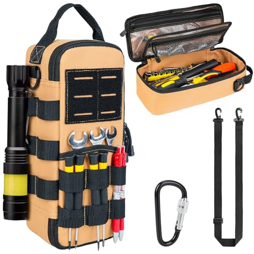 Heavy Duty Small Tool Bags for Men with Carabiner,Tactical Tool Pouch Bag,Portable Utility Tools Storage Organizer Case with Shoulder Strap for EDC,Motorcycle,Camping,Road Trip, Electricians - color: Brown