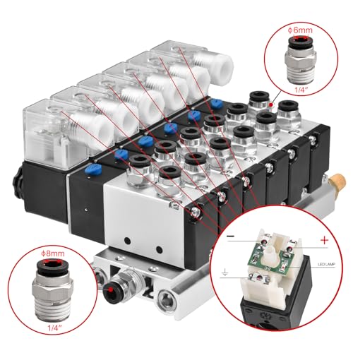 Heschen Electrical Pneumatic 6 Solenoid Valve, 4V210-08, DC24V Coil, PT1/4'' Port, 5 Way 2 Position, Manifold Base, Muffler, Quick Fittings Set - style: Electronic.