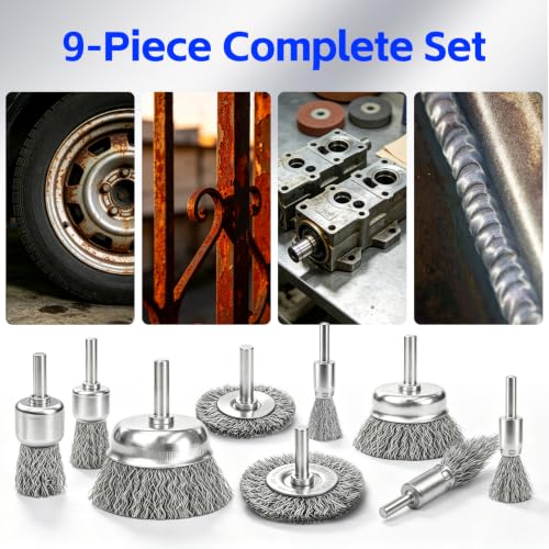 Wire Brush for Drill 9Pcs Set with 1/4 Inch Shank for Rust