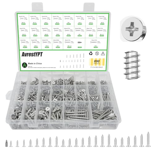 890Pcs #4#6#10#8 Stainless Steel Phillips Head Wood Screws Assortment Kit - size: #4/6/8/10-890Pcs