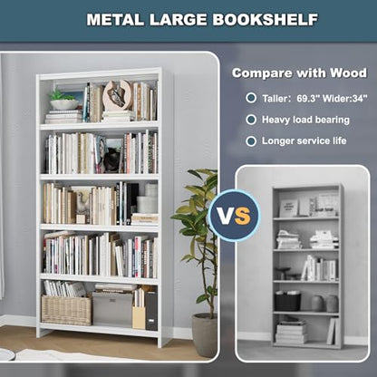 Bookshelf,5 Tier Bookshelves,69" Tall Metal White Bookcase,Install Simple Bookshelves for Bedroom, Living Room,Home Office/Library(White) - color: White, size: 69"H*34"W