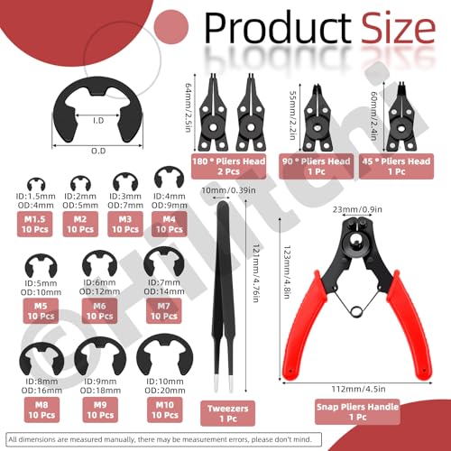 Hilitchi 312Pcs Snap Rings Assortment Kit Manganese Steel C-Clip External Retaining Rings (M4-M28)+ E-Clip External Retaining Ring Assortment Set(1.5mm-10mm) + Snap Ring Plier Set + Tweezer