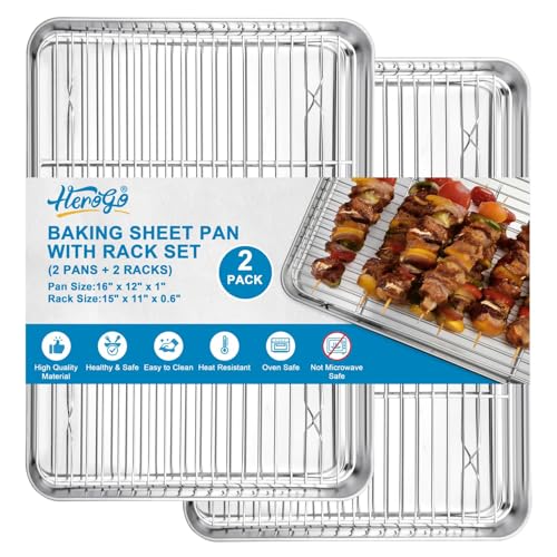 Herogo Baking Sheet with Wire Rack Set(2 Pans + 2 Racks), 16" x 12" x 1" - size: 16 x 12 x 1 inch