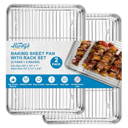 Herogo Baking Sheet with Wire Rack Set(2 Pans + 2 Racks), 16" x 12" x 1" - size: 16 x 12 x 1 inch