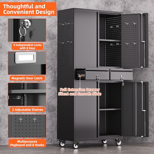 Aobabo Metal Garage Storage Cabinet, 71"x30" Lockable Rolling Tool Cabinet - color: Black, size: 15.1"D x 30"W x 71"H